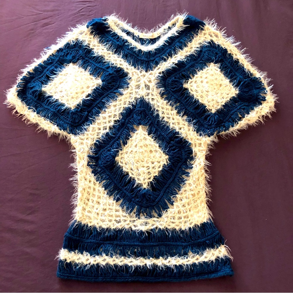 GRIFFLIN Paris Wool blend BoHo Chic Tunic Sweater/Top. Blue/White, Size Small.